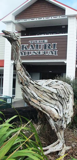 Moa driftwood art sculpture outside The Kauri Museum